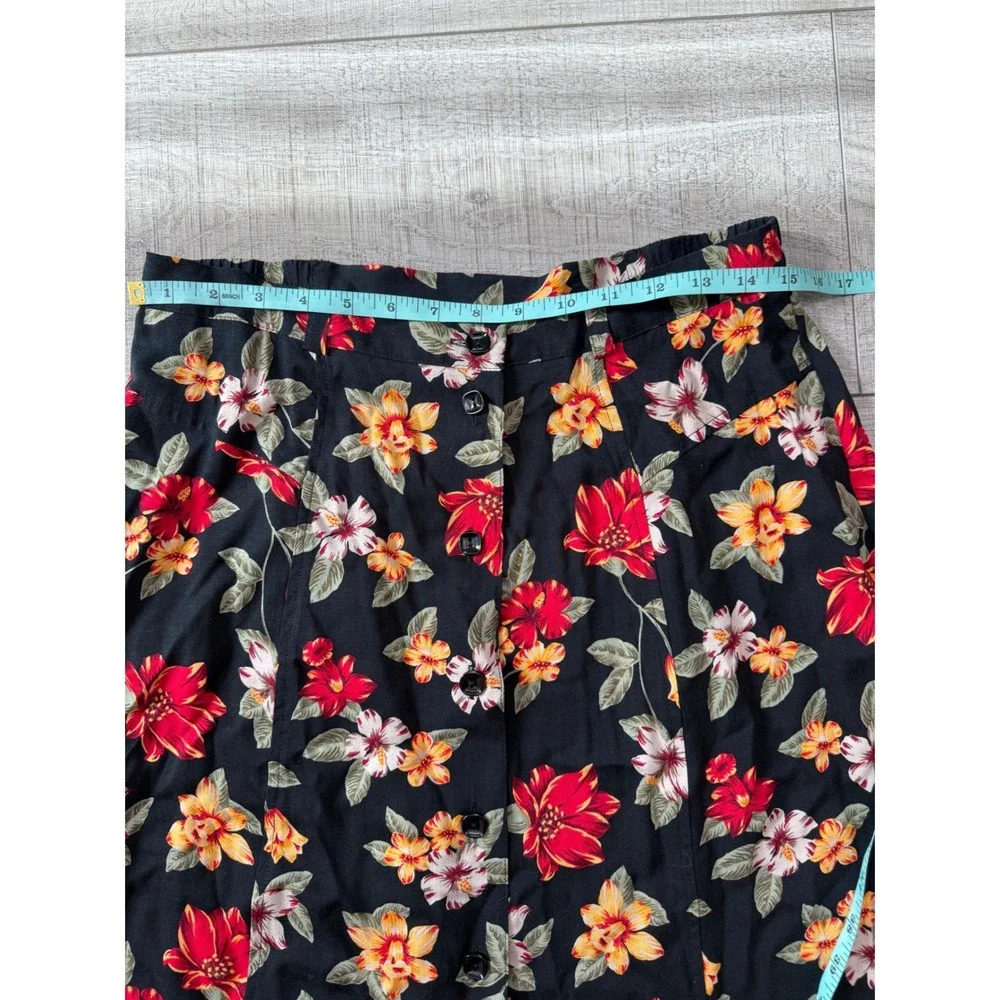 Sag Harbor Vintage Floral Button Front Midi Skirt Black Red‎ Rayon Womens Medium
